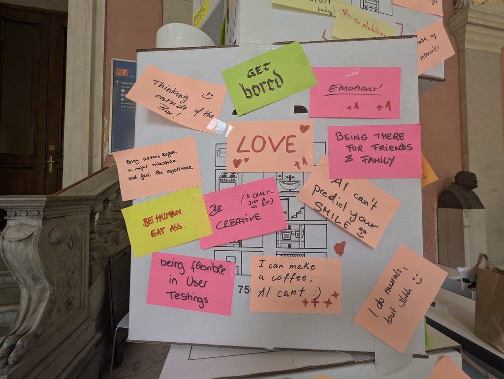 A panel with a line drawing of a building and sticky notes such as “get bored”, “LOVE”, “Emotions!” and “BEING THERE FOR FRIENDS & FAMILY”.