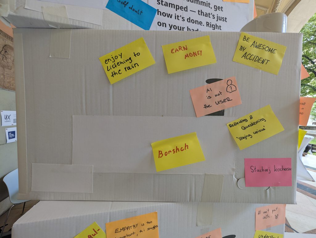 A box side with sticky notes such as “enjoy listening to the rain”, “EARN MONEY”, “BE AWESOME BY ACCIDENT” and “Borshch”.