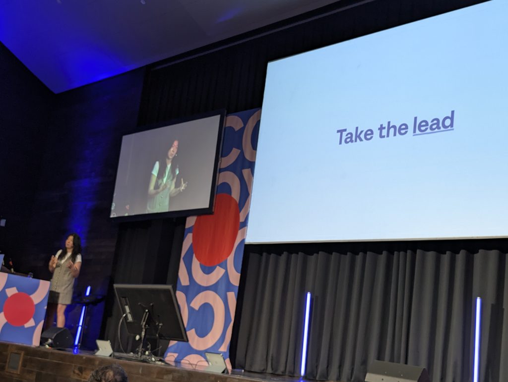 Photo of the slide “Take the lead” with Meaghan Choi